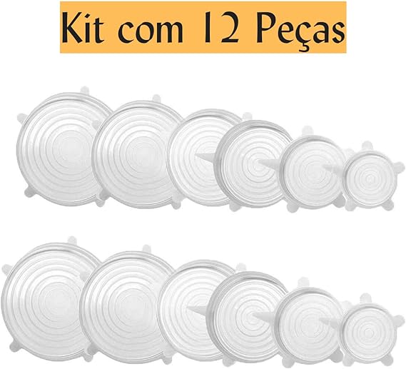 Kit de 12 tampas de silicone ajustáveis